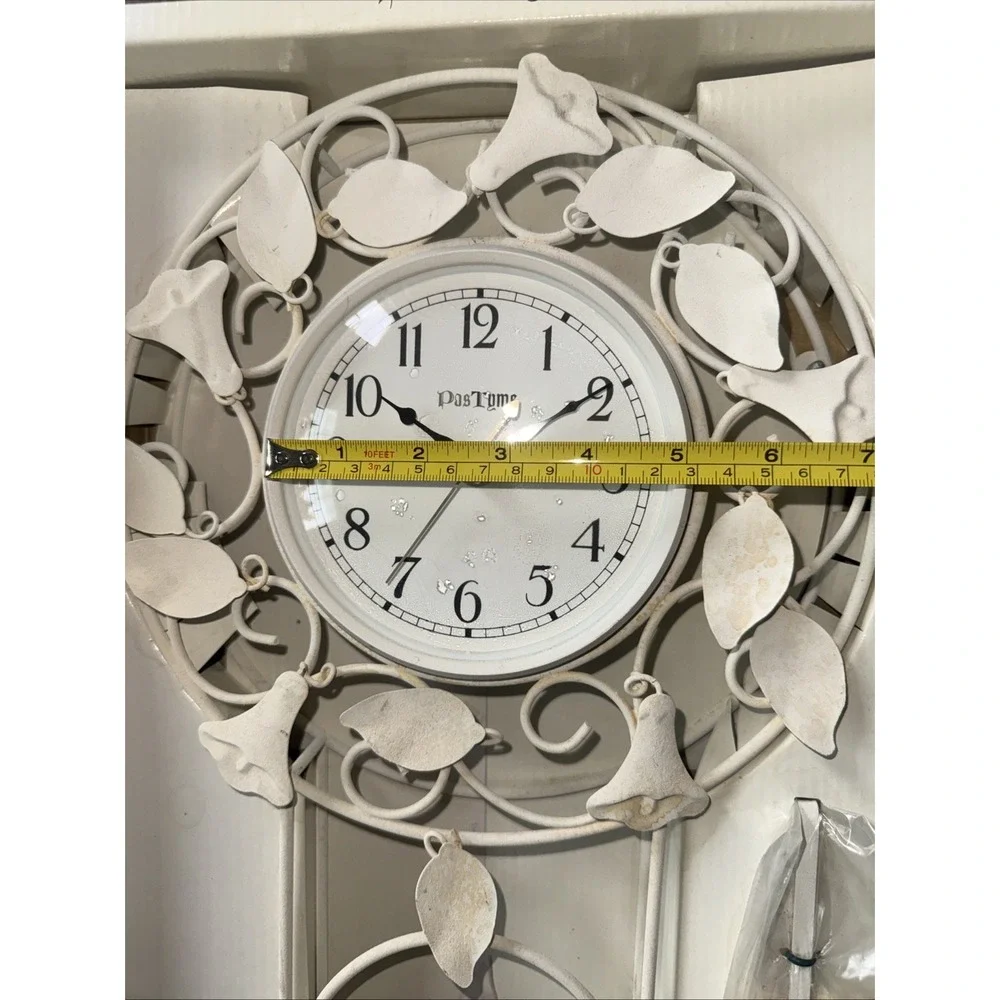 Vintage Clock hanging wall Metal Off White Pendulum Ivy Floral Cottage READ